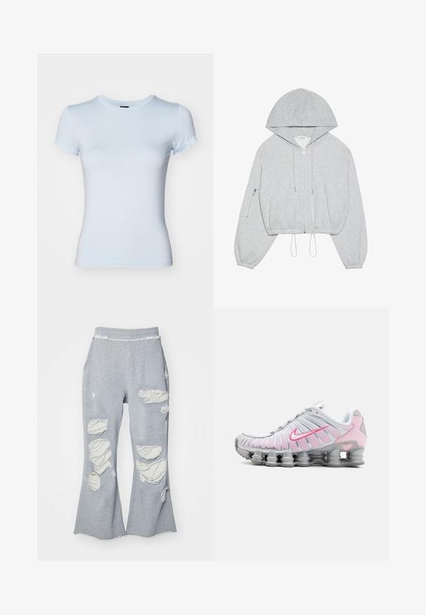 Grå cropped hettegenser med frontglidelås, snor i kanten, stor hette og glidelompe på venstre erme. Myk tekstur.; Lyseblå kortermet tettsittende T-skjorte laget av myk bomull. Har en rund halslinning og minimal sømdetalj.; Grå joggebukser med en utsvingt ben-design, og flere slitte lapper som viser lysere stoff. Elastisk liv for komfort.; Nike sportsko i hvit og lys rosa. Har et mesh-overdel og distinktiv buet såle med synlig luftdemping.