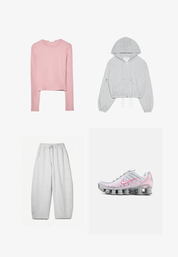 Siva skrajšana kapuca s prednjim zadrgo, z vrvico na robu, velika kapuca in žep z zadrgo na levem rokavu. Mehek tekstilni občutek.; Dolga majica s kratkim krakom v mehkemu roza blagu z okroglim izrezom in preprostim dizajnom, brez vidnih vzorcev ali okrasnih elementov.; Svijetlo sivi duksericasti donji dio s opuštenim krojem, elastičnim pojasom, vezicama i bočnim džepovima; izrađen od mekanog, teksturiranog materijala.; Nike atletski čevlj v beli in svetlo roza barvi. Ponuja mrežasto zgornji del in edinstven ukrivljen podplat z vidno zračnim blaženjem.