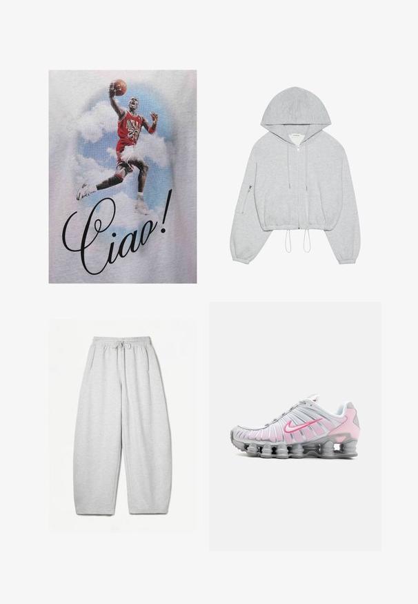 Szürke, rövidített kapucnis pulóver, elülső cipzárral, húzózsinórral az alján, nagy kapucnival és cipzáras zsebbel a bal ujjon. Puha szövet textúra.; Piros grafikus póló, amelyen egy ugró kosárlabdázó látható Bulls mezben, fekete dőlt betűkkel „Ciao!” felirattal. A háttérben felhők láthatók.; Világosszürke, laza fazonú melegítőnadrág, rugalmas derékpánttal, zsinórral és oldalsó zsebekkel; puha, texturált anyagból készült.; Fehér és világos rózsaszín Nike sportcipő. Hálós felsőrész jellemzi, valamint különleges ívelt talpa látható légpárnázással.