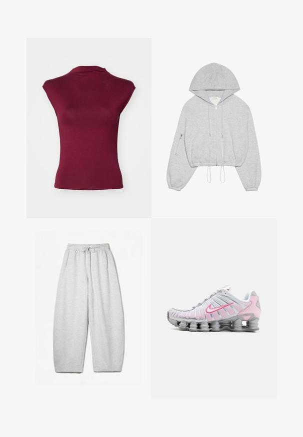 Szürke, rövidített kapucnis pulóver, elülső cipzárral, húzózsinórral az alján, nagy kapucnival és cipzáras zsebbel a bal ujjon. Puha szövet textúra.; Gina Tricot SOFT TOUCH FUNNEL NECK TOP - Basic póló - zinfandel; Világosszürke, laza fazonú melegítőnadrág, rugalmas derékpánttal, zsinórral és oldalsó zsebekkel; puha, texturált anyagból készült.; Fehér és világos rózsaszín Nike sportcipő. Hálós felsőrész jellemzi, valamint különleges ívelt talpa látható légpárnázással.