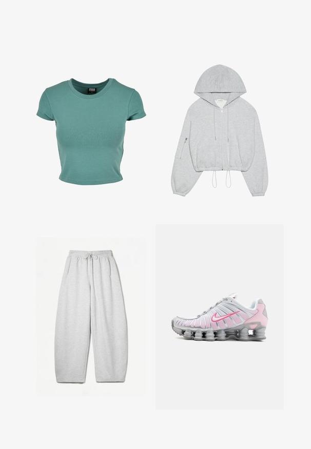 Siva skraćena kapuljača s prednjim patentnim zatvaračem, vezicom na rubu, velikom kapuljačom i patentnim džepom na lijevom rukavu. Mekani tekstil.; T-shirt kratkih rukava, s okruglim izrezom, u boji tirkizne, izrađen od mekog pamučnog materijala s uskim krojem i obrubljenim rubovima.; Svijetlosivi dukserica s opuštenim krojem, elastičnim pojasom, vezicom i bočnim džepovima; izrađeni od mekanog, teksturiranog materijala.; Nike atletska obuća u bijeloj i svijetlosmešanoj boji. Ima mrežasti gornji dio i karakterističnu zakrivljenu potplat s vidljivim zračnim jastučićima.