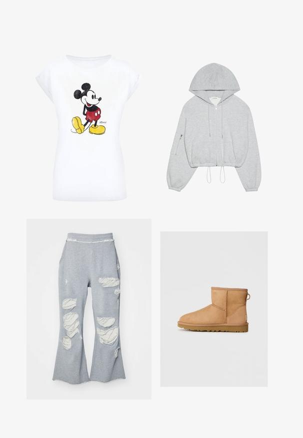 šedá zkrácená mikina s předním zipem, stahovací šňůrka v dolní části, velká kapuce a kapsa se zipem na levém rukávu. Měkký jemný materiál.; Bílá bavlněná tričko s vintage grafikou Mickey Mouse v černé, červené a žluté barvě. Kulatý výstřih a krátké rukávy.; Šedé tepláky s rozšířenými nohavicemi, které mají několik odřených záplat, které odhalují světlejší látku. Elastický pas pro pohodlí.; Světlé semišové kotníkové boty s kulatou špičkou, prošívanými detaily, poutkem vzadu a texturovanou gumovou podrážkou. Navrženo pro pohodlí a teplo.