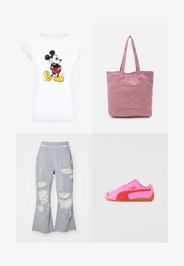 Grå cropped hoodie med lynlås foran, snøre ved kanten, stor hætte og lynlås-lomme på venstre ærme. Blødt stof.; Hvid bomulds t-shirt med et vintage Mickey Mouse grafik i sort, rød og gul. Rund halsudskæring og korte ærmer.; Grå sweatpants med et design med udvidede ben, der har flere slidte lapper, som viser lettere stof. Elastisk talje for komfort.; Rosa ruskind atletiksko med røde accenter, en gummisål og signaturlogo-detaljer. Har en rund tå og snørebåndsdesign.; Lyserød corduroy tote taske med to lange håndtag, med en frontlomme og subtil ribbet tekstur. Glat indvendigt.