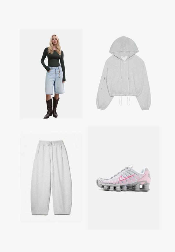 Gray cropped hoodie with a front zipper, drawstring at the hem, large hood, and zippered pocket on the left sleeve. Soft fabric texture.; Long-sleeve dark green top paired with light blue denim bermuda shorts and brown cowboy boots, featuring a decorative charm on the shorts.; Light grey sweatpants with a relaxed fit, elastic waistband, drawstring, and side pockets; made from soft, textured fabric.; Nike athletic shoe in white and light pink. Features a mesh upper and distinctive curved sole with visible air cushioning.