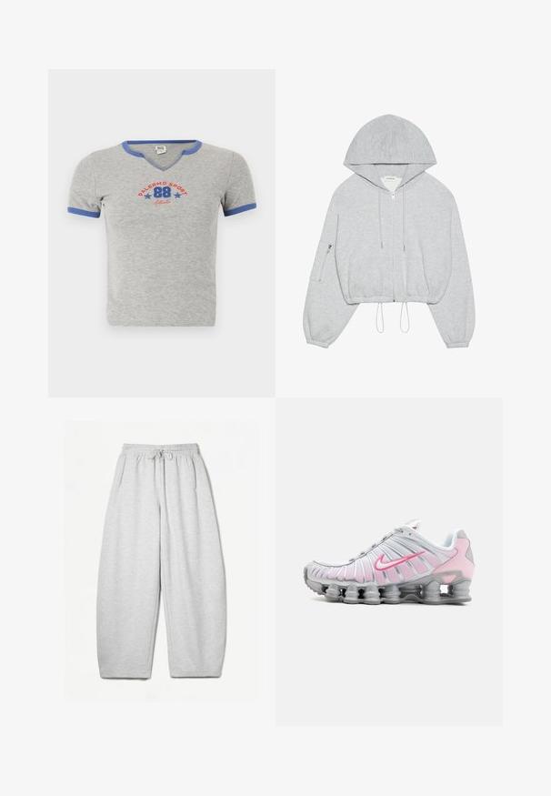 Huppari harmaana, lyhyt malli, edessä vetoketju, nyöritys helmassa, suuri huppu ja vasemmassa hihassa vetoketjulla varustettu tasku. Pehmeä kangastuntuma.; Harmaa lyhythihainen t-paita V-puolella ja sinisellä kontrastireunalla. Sisältää "Palermo Sport 88" -grafiikan punaisena ja sinisenä. Puuvillasekoitekangas.; Harmaat rentosäärystimet, joissa on rento istuvuus, joustava vyötärö, nyöri ja sivutaskut; valmistettu pehmeästä, teksturoidusta kankaasta.; Kengät Nike urheiluvalkoiset ja vaaleanpunaiset. Niissä on verkkopäällinen ja erottuva kaareva pohja, jossa on näkyvää ilmatyynyä.