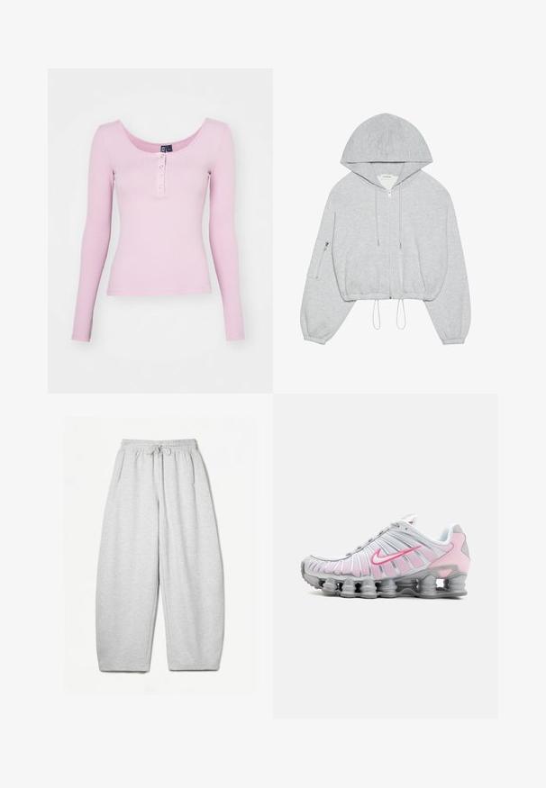 Hanorac scurt gri cu fermoar pe față, siret la margine, glugă mare și buzunar cu fermoar pe mâneca stângă. Textură moale a materialului.; Top roz, cu maneci lungi, cu un guler rotund și cinci nasturi tip snap pe față. Textură netedă și design ajustat.; Pantaloni de trening gri deschis, cu o croială lejeră, talie elastică, șnur și buzunare laterale; realizați dintr-un material moale, texturat.; Pantof de atletism Nike în alb și roz deschis. Prezintă un superior din plasă și o talpă curbată distinctivă cu amortizare de aer vizibilă.