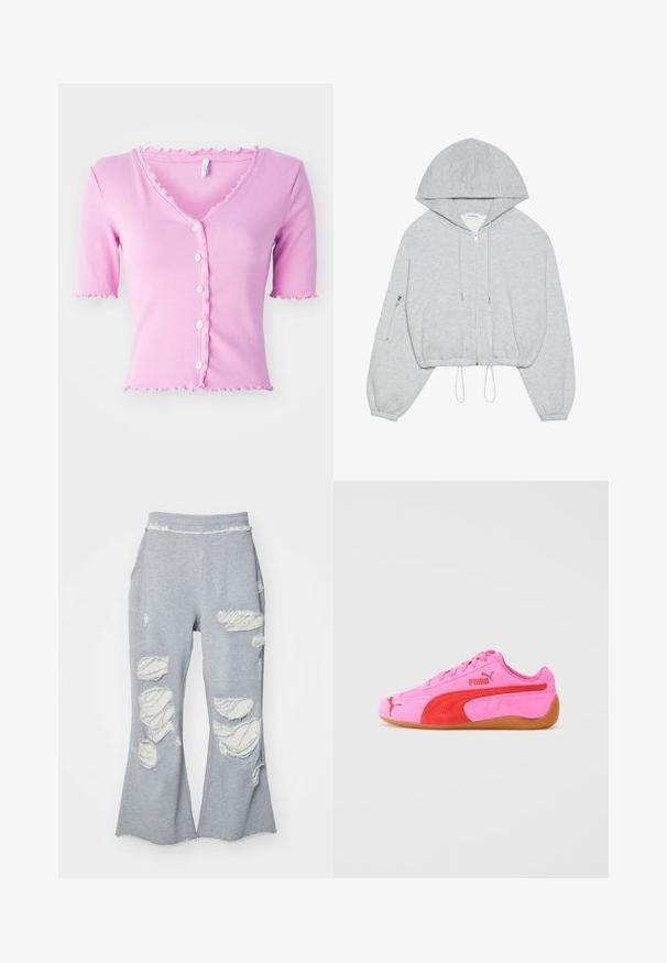 Grå cropped hettegenser med frontglidelås, snor i kanten, stor hette og glidelompe på venstre erme. Myk tekstur.; Rosa ribbet kortermet cardigan med V-hals, prydet med fem hvite knapper og en bølgete kant langs halslinning og ermer.; Grå joggebukser med en utsvingt ben-design, og flere slitte lapper som viser lysere stoff. Elastisk liv for komfort.; Rosa semsketid idrettssko med røde detaljer, gummisåle og signaturlogo. Har en rund tå og snøring.