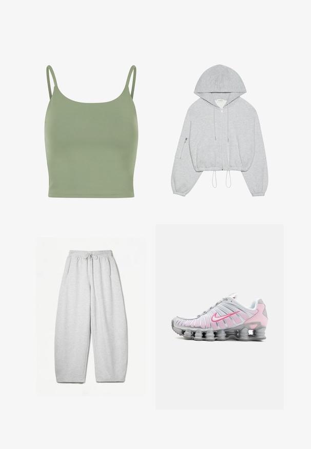 Szürke, rövidített kapucnis pulóver, elülső cipzárral, húzózsinórral az alján, nagy kapucnival és cipzáras zsebbel a bal ujjon. Puha szövet textúra.; Olívazöld, testhez simuló pántos top vékony pántokkal, sima textúrával és lekerekített nyakkivágással, a kényelem és a rétegezés érdekében tervezve.; Világosszürke, laza fazonú melegítőnadrág, rugalmas derékpánttal, zsinórral és oldalsó zsebekkel; puha, texturált anyagból készült.; Fehér és világos rózsaszín Nike sportcipő. Hálós felsőrész jellemzi, valamint különleges ívelt talpa látható légpárnázással.