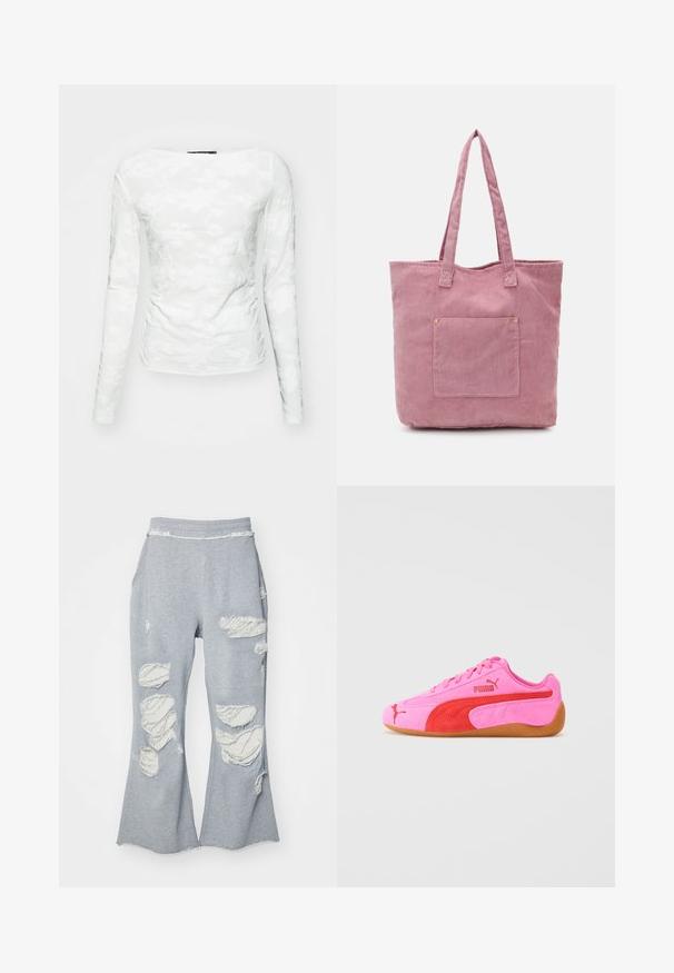 Grauer, kürzerer Hoodie mit einem Frontreißverschluss, Kordelzug am Saum, großer Kapuze und einer Reißverschlusstasche am linken Ärmel. Weiche Stoffstruktur.; Langärmliges weißes Oberteil aus strukturiertem Stoff mit floralen Spitzenmustern und Rundhalsausschnitt, taillierte Form, die die Silhouette betont.; Graue Jogginghose mit weitem Bein-Design, die mehrere abgenutzte Patches aufweist, die helleres Material freilegen. Elastischer Bund für mehr Komfort.; Rosa Wildlederschuh mit roten Akzenten, einer Gummisohle und charakteristischen Logodetails. Mit einer abgerundeten Zehenpartie und einem Schnürdesign.; Rosa Cord-Mappen-Tasche mit zwei langen Griffen, ausgestattet mit einer Vordertasche und einer subtilen Rippstruktur. Glattes Innenfutter.
