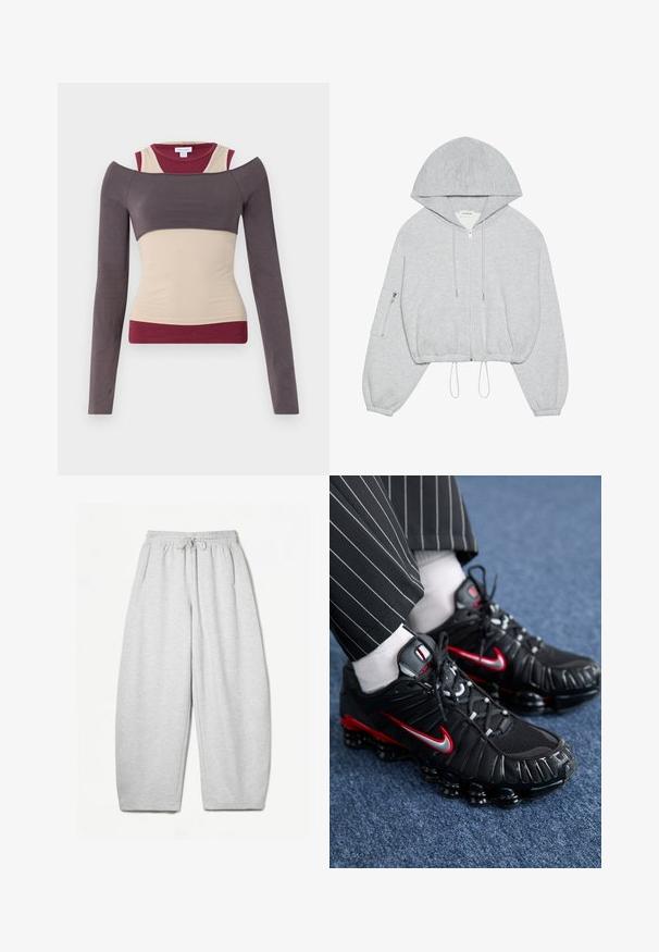 Siva skraćena kapuljača s prednjim patentnim zatvaračem, vezicom na rubu, velikom kapuljačom i patentnim džepom na lijevom rukavu. Mekani tekstil.; Majica s dugim rukavima s višeslojnim dizajnom u bež, burgundiji i tamno sivoj boji. Ima izrez s ramena i uski kroj. Glatka tekstura.; Svijetlosivi dukserica s opuštenim krojem, elastičnim pojasom, vezicom i bočnim džepovima; izrađeni od mekanog, teksturiranog materijala.; Crne atletske cipele s crvenim i srebrnim detaljima, mrežastim i teksturiranim sintetičkim materijalima, vezni dizajn i vidljiva podstava.