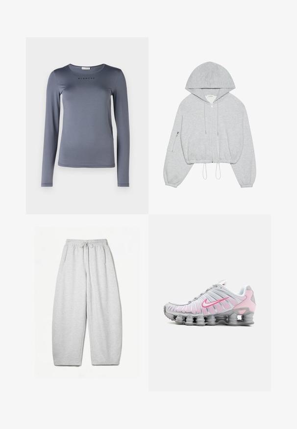 Gray cropped hoodie with a front zipper, drawstring at the hem, large hood, and zippered pocket on the left sleeve. Soft fabric texture.; Long-sleeve gray shirt made of soft material, featuring a round neckline and the word "BLANCHE" printed in black on the chest.; Light grey sweatpants with a relaxed fit, elastic waistband, drawstring, and side pockets; made from soft, textured fabric.; Nike athletic shoe in white and light pink. Features a mesh upper and distinctive curved sole with visible air cushioning.