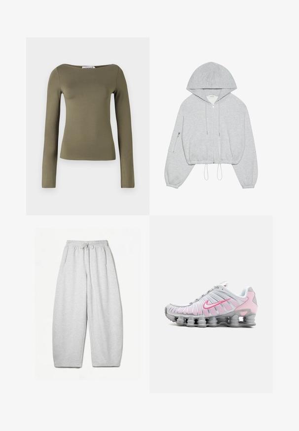Hanorac scurt gri cu fermoar pe față, siret la margine, glugă mare și buzunar cu fermoar pe mâneca stângă. Textură moale a materialului.; Top lung cu mânecă lungă de culoare verde măsliniu, cu un design ajustat, fabricat dintr-un material neted și elastic, cu un guler larg și cusături minime.; Pantaloni de trening gri deschis, cu o croială lejeră, talie elastică, șnur și buzunare laterale; realizați dintr-un material moale, texturat.; Pantof de atletism Nike în alb și roz deschis. Prezintă un superior din plasă și o talpă curbată distinctivă cu amortizare de aer vizibilă.