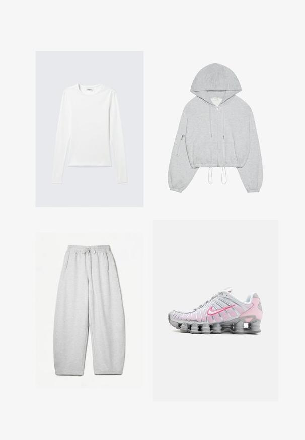 Grauer, kürzerer Hoodie mit einem Frontreißverschluss, Kordelzug am Saum, großer Kapuze und einer Reißverschlusstasche am linken Ärmel. Weiche Stoffstruktur.; Langarmiges, weißes Rundhalsshirt mit einem "WEEKDAY"-Label im Kragen, auf einem hellgrauen Hintergrund flach ausgelegt.; Hellgraue Sweatpants mit entspannter Passform, elastischem Bund, Kordelzug und seitlichen Taschen; aus weichem, strukturiertem Stoff gefertigt.; Nike Sportschuh in Weiß und Hellrosa. Mit einem Obermaterial aus Mesh und einer markanten, gewölbten Sohle mit sichtbarer Luftpolsterung.