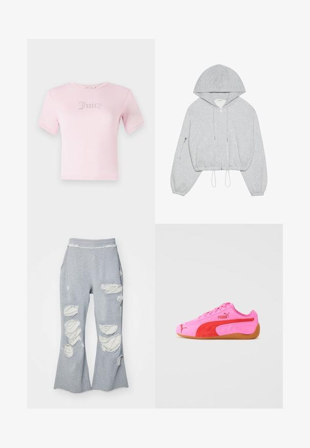 Pilkas trumpas bliuzonas su priekyje esančiu užtrauktuku, raišteliu apatinėje dalyje, dideliu gobtuvu ir užtrauktuku užsegama kišene kairiajame rankovėje. Minkšta audinio tekstūra.; Rožinė medvilninė marškinė su trumpomis rankovėmis, ant krūtinės esančios žodžiu "Juicy", išmarginta deimantais. Klasikinis apvalus iškirpimas ir prigludusi forma.; Pilki treniruoklių kelnes su išplatėjusia kojos forma, turinčios kelis pažeistus lopus, atskleidžiančius šviesesnį audinį. Elastinga juostos dalis patogumui.; Rausvaišiai sportiniai batai su raudonomis akcentais, guminis padas ir firminiai logotipo detalės. Savybės: apvalus pirštas ir raištelių dizainas.