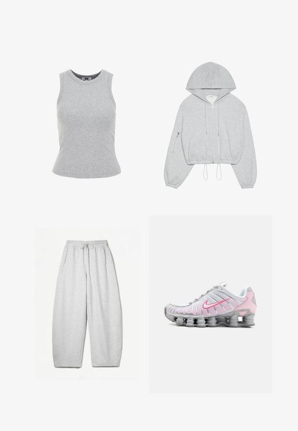Grå kortärmad huvtröja med dragkedja fram, dragsko i nederkant, stor huva och dragkedja på vänster ärm. Mjuk textur.; Ljusgrå ärmlös topp med ribbad textur, rund halsringning och tight passform. Inga synliga logotyper eller mönster.; Ljusgrå sweatpants med avslappnad passform, elastiskt midjeband, dragsko och sidofickor; tillverkade av mjukt, texturerat tyg.; Nike idrottssko i vitt och ljusrosa. Har en meshtopp och en distinkt böjd sula med synlig luftdämpning.