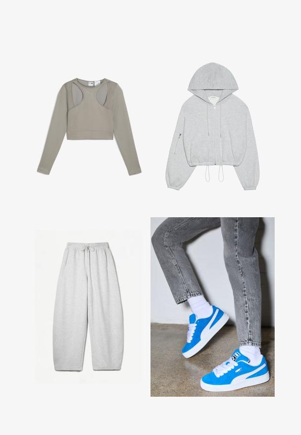 Gray cropped hoodie with a front zipper, drawstring at the hem, large hood, and zippered pocket on the left sleeve. Soft fabric texture.; Light grey, ribbed long-sleeve crop top with shoulder cutouts and a subtle logo. Features a fitted design and textured fabric.; Light grey sweatpants with a relaxed fit, elastic waistband, drawstring, and side pockets; made from soft, textured fabric.; Blue suede sneakers with white accents and laces, featuring a white rubber sole. Worn with grey denim jeans and white socks.