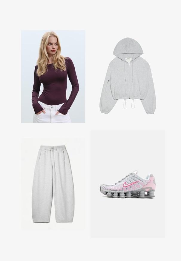Grauer, kürzerer Hoodie mit einem Frontreißverschluss, Kordelzug am Saum, großer Kapuze und einer Reißverschlusstasche am linken Ärmel. Weiche Stoffstruktur.; Burgunderfarbenes, langärmeliges, tailliertes Oberteil mit Rundhalsausschnitt und Daumenschlitzen, kombiniert mit weißen hochtaillierten Hosen. Glatter Stoff und elastische Textur.; Hellgraue Sweatpants mit entspannter Passform, elastischem Bund, Kordelzug und seitlichen Taschen; aus weichem, strukturiertem Stoff gefertigt.; Nike Sportschuh in Weiß und Hellrosa. Mit einem Obermaterial aus Mesh und einer markanten, gewölbten Sohle mit sichtbarer Luftpolsterung.