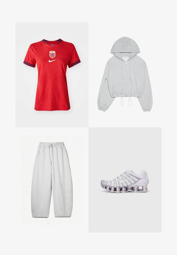 Huppari harmaana, lyhyt malli, edessä vetoketju, nyöritys helmassa, suuri huppu ja vasemmassa hihassa vetoketjulla varustettu tasku. Pehmeä kangastuntuma.; Punainen Nike-paita, jossa on teksturoidut raidat, pyöreä pääntie, siniset yksityiskohdat hihoissa ja Norjan maajoukkueen vaakuna rinnassa.; Harmaat rentosäärystimet, joissa on rento istuvuus, joustava vyötärö, nyöri ja sivutaskut; valmistettu pehmeästä, teksturoidusta kankaasta.; Valkoiset ja violetit urheilukengät, joissa on verkkomateriaali, erottuva aaltoilu ja suurikokoiset pyöreät pehmustepodit pohjassa.