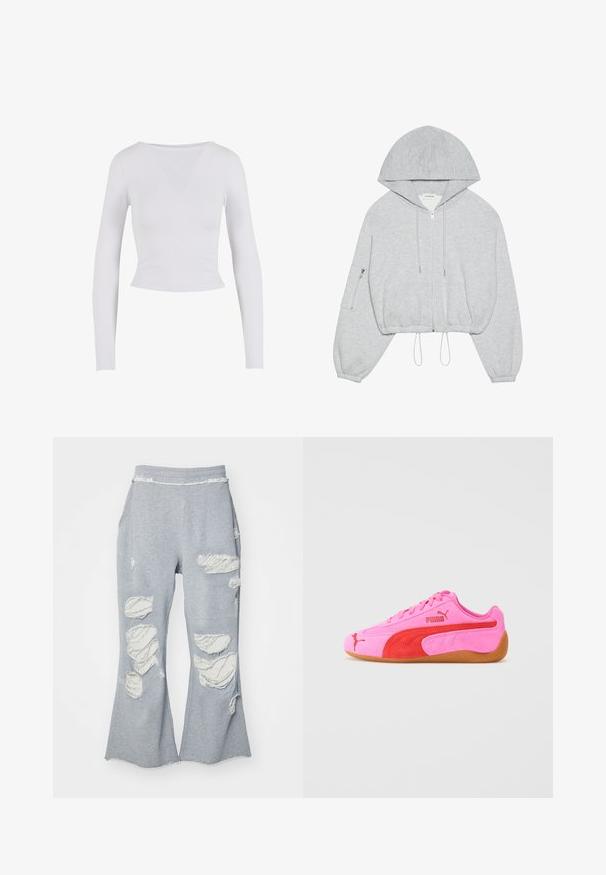 Grå cropped hettegenser med frontglidelås, snor i kanten, stor hette og glidelompe på venstre erme. Myk tekstur.; Hvit langermet cropped topp med rund hals, laget av et glatt og elastisk stoff, med en tettsittende design og ingen synlige lukninger.; Grå joggebukser med en utsvingt ben-design, og flere slitte lapper som viser lysere stoff. Elastisk liv for komfort.; Rosa semsketid idrettssko med røde detaljer, gummisåle og signaturlogo. Har en rund tå og snøring.