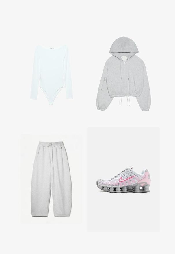 Szürke, rövidített kapucnis pulóver, elülső cipzárral, húzózsinórral az alján, nagy kapucnival és cipzáras zsebbel a bal ujjon. Puha szövet textúra.; Hosszú ujjú fehér bodyn, széles nyakkivágással, puha, nyújtható anyagból, keskeny szabással és magasra vágott lábnyílásokkal.; Világosszürke, laza fazonú melegítőnadrág, rugalmas derékpánttal, zsinórral és oldalsó zsebekkel; puha, texturált anyagból készült.; Fehér és világos rózsaszín Nike sportcipő. Hálós felsőrész jellemzi, valamint különleges ívelt talpa látható légpárnázással.