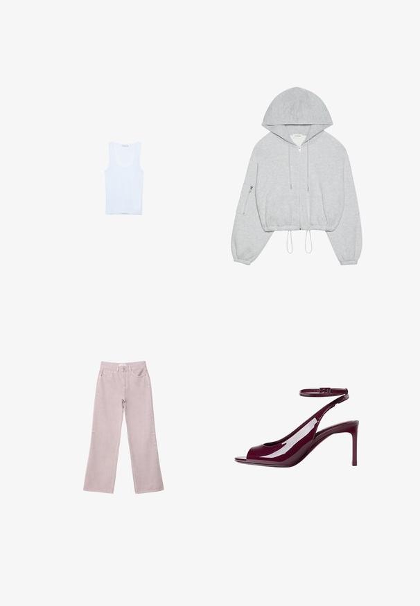 Grå cropped hoodie med lynlås foran, snøre ved kanten, stor hætte og lynlås-lomme på venstre ærme. Blødt stof.; Hvid bomulds tanktop, med rund halsudskæring og brede skulderstropper. Glat tekstur, ærmeløs design og en tætsiddende silhuet.; Lyserøde vidde jeans lavet af denim, med lynlås foran, fem lommer og subtile syninger.; Bordeaux patentlæder højhælede sandal med åben tå, ankelrem og slank silhuet. Den blanke overflade øger det visuelle appel.