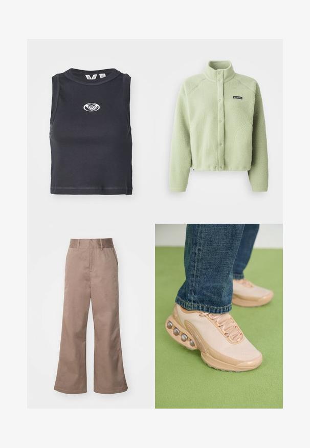 Veste en polaire Columbia vert clair avec boutons-pression, col montant, manches longues et patch logo sur la poitrine.; Top court noir côtelé avec un col rond et sans manches. Présente un logo blanc centré sur la poitrine. Texture lisse.; Pantalons en coton marron à jambes larges avec taille haute, poches avant et texture lisse. L'ourlet est légèrement évasé.; Des chaussures de sport beige clair présentent un dessus en mesh, une semelle en caoutchouc et des accents arrondis avec des détails métalliques. Portées avec un jean bleu sur une surface verte.