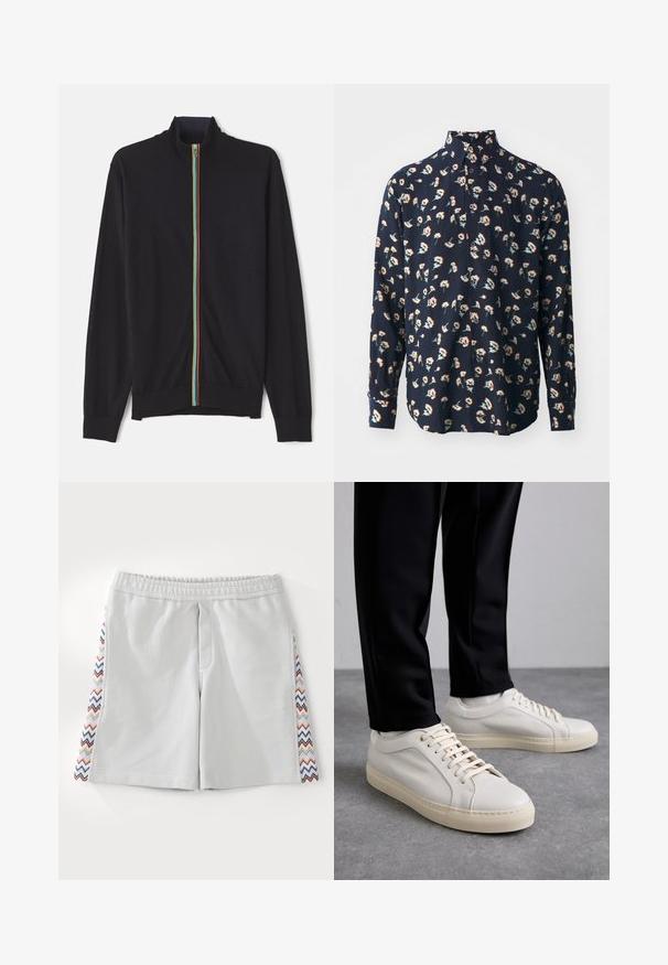Fekete, cipzáros pulóver magas gallérral, a cipzár mentén színes csíkkal, puha, könnyű anyagból készült.; Paul Smith REGULAR FIT SHIRT - Ing - black; Világosszürke sportnadrág, elasztikus derékkal és színes zig-zag mintával az oldalán. Sima textúra és térd hosszúságú fazon.; Világos bézs bőr sportcipő lapos fűzőkkel, texturált felülettel és kontrasztos krémszínű gumitalppal, fekete irodai nadrággal párosítva.