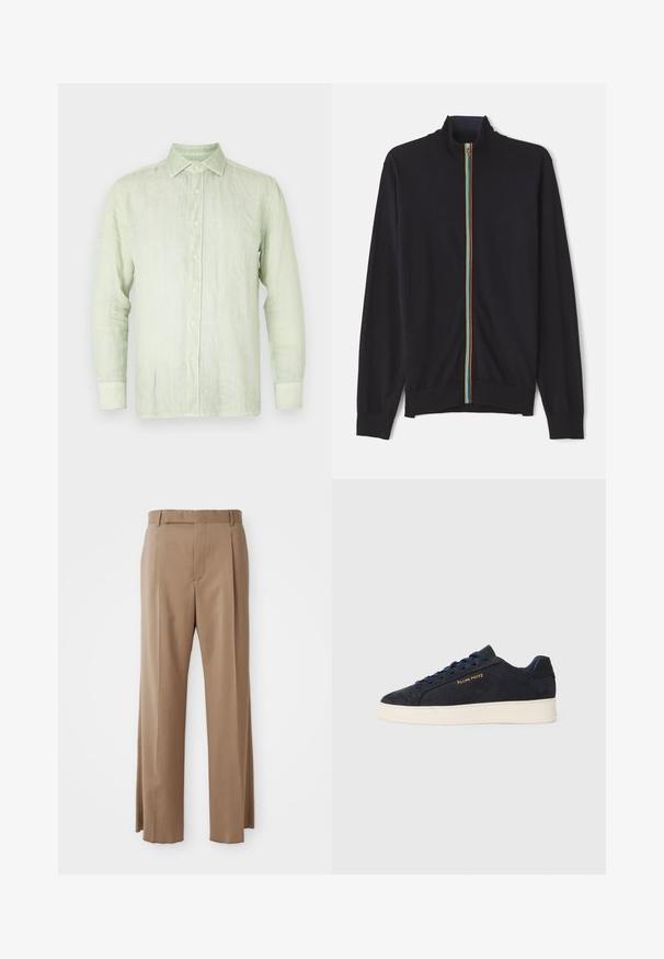 Must mustriga, kõrge kraega, millel on multivärviline triip tõmbluku ääres, valmistatud pehmest ja kergest materjalist.; Heled roheline linane särk pika varrukaga, nööbid ees ja terav krae. Omab kreemjashalli nuppe ja lõdvestatud istuvust. Sile tekstuur.; Kergelt pruunid kohandatud püksid sirgete jalgadega, vöökohaga, esiseame ja peidetud kinnihoidmisega, esitatud tasapinnal valgel taustal.; Tumedat sinine seemisnahast madala profiiliga tennis, valge tossutald, tumesinised paelad ning küljes kuldne "Filling Pieces" logo.