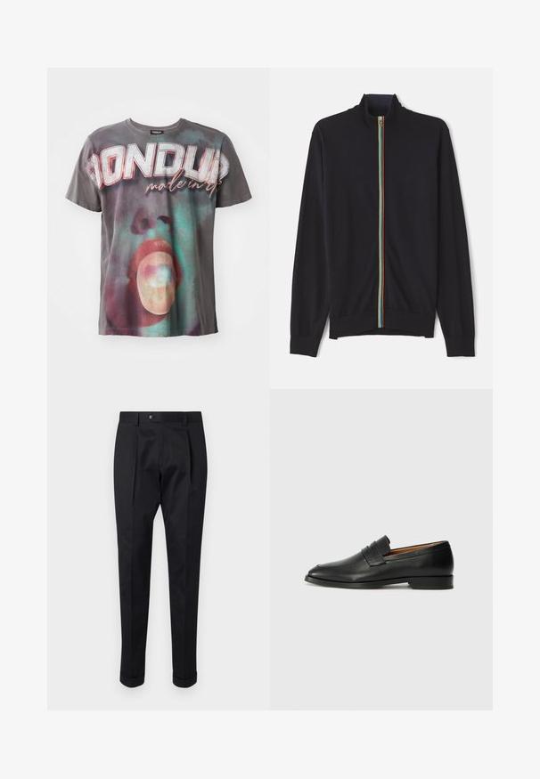 Melnas zip-up džemperis ar augstu apkakli, ar daudzkrāsainu svītru gar rāvējslēdzi, izgatavots no mīksta, viegla materiāla.; Pelēks kokvilnas T-krekls ar grafisko drukājumu, kurā attēlota mute un teksts "DONDUP made in." Apaļa kakla izgriezums un īsas piedurknes.; Melni bikses, izgatavotas no gludas auduma, ar uzkāpes priekšpusē, pogu aizdari un velkot piegriezumu pie potītes.; Melnas ādas loafers ar noapaļotu purngala formu, smalku izšuvumu un zemu papēdi, piedāvājot gludu tekstūru un minimālistisku dizainu.