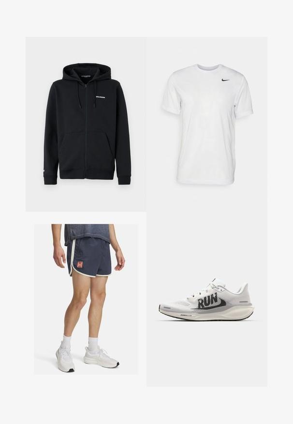 Must have musta, millel on eeslukk ja kaks küljetaskut, ning reguleeritav kapuuts. Rinnal on "Salomon" logo.; Valge lühikeste varrukatega t-särk, mis on valmistatud siledast kangast. Omab ümmargust kaelust ja väikest musta Nike logo vasakul rinnal.; Tumed sportlikud lühikesed püksid valgete äärtega ja Under Armour'i logoga. Kerge kangas koos tekstuuriga pinnaga, loodud mugavuseks füüsilise tegevuse ajal.; Valge jooksujalats, mille pealmine osa on võrkpind, suure musta "RUN" graafikaga, heledates hallides aktsentidega ning pehme tallaga, millel on "AIR 200M" bränding.