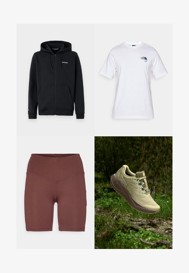 Juodas užtraukiamas džemperis, pagamintas iš minkštos medžiagos, su priekiniais užtrauktukais, dviem šoninėmis kišenėmis ir reguliuojamu gobtuvu. Ant krūtinės yra "Salomon" logotipas.; The North Face EXPLORE CARABINER RELAXED TEE UNISEX - Marškinėliai su spaudiniu - white; Tamsiai rudi, aukštu liemeniu dviračio šortai, pagaminti iš tamprus, glotnaus paviršiaus medžiagos su prigludusia forma ir šoninėmis kišenėmis.; Šviesiai žalia bėgimo batų pora su tekstūruotu tinkliniu viršumi, atspindinčiais akcentais ir paminkštintu padu. Skraido virš žolėtos vietovės.
