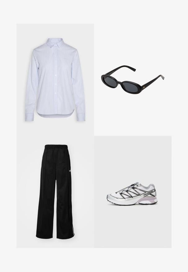 Hanorac gri cu fermoar, fabricat dintr-un material moale, prezintă o capușă mare, mâneci lungi și buzunare frontale. Croială lejeră cu manșete și tiv dintr-un material striat.; Cămașă cu dungi albastre deschise și albe, cu guler clasic, mâneci lungi și tiv ondulat. Material din bumbac cu textură netedă.; Pantaloni sport largi negri cu talie elastică, având dungi albe pe laturi și un logo mic pe șoldul stâng. Textură de țesătură netedă.; Adidași de alergare cu un superior din plasă albă ușoară, accente argintii și un sistem de șireturi negre; prezintă o talpă texturată pentru tracțiune.; Ochelari de soare supradimensionați, cu lentile ovale, cadru din plastic neted și accente aurii pe brațe. Lentilele întunecate oferă protecție solară.