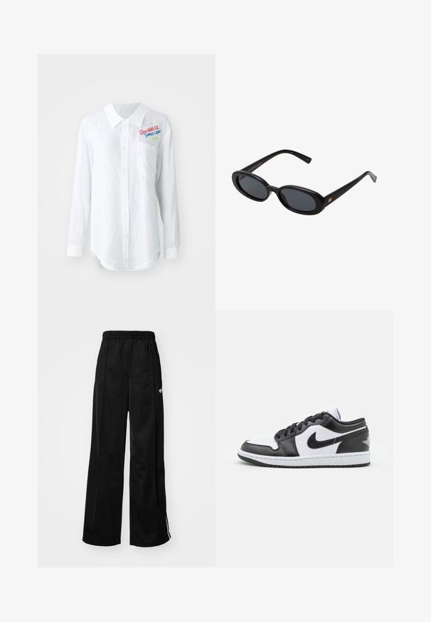 Hanorac gri cu fermoar, fabricat dintr-un material moale, prezintă o capușă mare, mâneci lungi și buzunare frontale. Croială lejeră cu manșete și tiv dintr-un material striat.; Cămașă albă cu mânecă lungă din in, cu guler ascuțit, închidere cu butoane, buzunar pe partea stângă și text colorat brodat pe piept.; Pantaloni sport largi negri cu talie elastică, având dungi albe pe laturi și un logo mic pe șoldul stâng. Textură de țesătură netedă.; Sneakers Nike cu talpă joasă, alb-negru, prezintă un superior din piele netedă, vârf rotund, închidere cu șireturi și o talpă din cauciuc cu model.; Ochelari de soare supradimensionați, cu lentile ovale, cadru din plastic neted și accente aurii pe brațe. Lentilele întunecate oferă protecție solară.