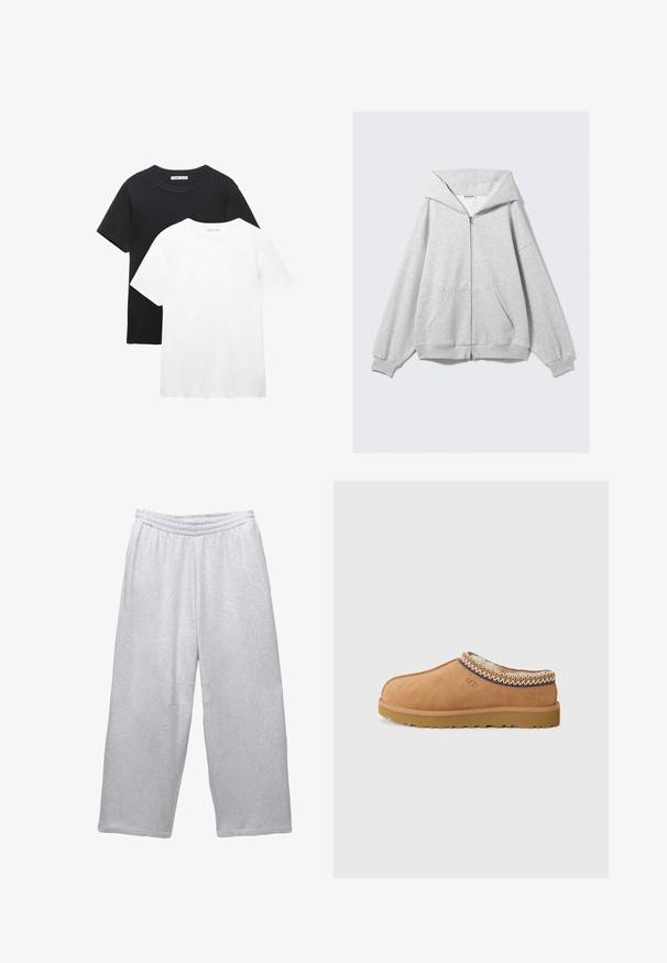 Szara bluza z kapturem na zamek, wykonana z miękkiego materiału, z dużym kapturem, długimi rękawami i przednimi kieszeniami. Luźny krój z ściągaczami przy rękawach i u dołu.; Dwie koszulki z okrągłym dekoltem, jedna czarna, a druga biała. Wykonane z miękkiej bawełny, z krótkimi rękawami i prostym, klasycznym designem.; Jasnoszare szerokie spodnie dresowe z elastycznym pasem i przeszyciami na białym tle.; Beżowe zamszowe buty wsuwane z teksturowaną wełnianą podszewką i dekoracyjnym etnicznym haftem wokół kołnierza. Posiadają gumową podeszwę.