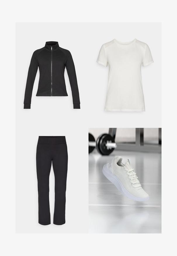 Black zip-up jacket with a high collar, long raglan sleeves, made from a smooth fabric, featuring minimal branding on the chest.; White short-sleeve t-shirt made of soft fabric, featuring a round neckline and a relaxed fit with smooth, seamless shoulder accents.; Black leggings with a smooth, stretchy fabric and a wide waistband. They have straight, full-length legs and no visible patterns or accents.; White athletic sneaker with a textured mesh upper and lacing system, featuring a cushioned white sole and subtle ribbed accents.