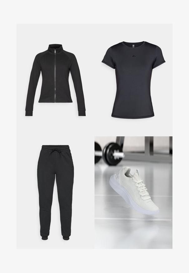 Černá zipová bunda s vysokým límcem, dlouhými raglánovými rukávy, vyrobená z hladkého materiálu, s minimálním brandingem na hrudi.; Černé tričko s krátkým rukávem vyrobené z hladké, prodyšné tkaniny, které na přední straně obsahuje minimalistické logo. Klasický kulatý výstřih.; Černé tepláky vyrobené z měkkého bavlněného směsového materiálu, s elastickým pasem na šňůrku, se stahovacími nohavicemi a diskrétním bočním brandingem.; Bílé atletické tenisky s texturovaným síťovým svrškem a systémem šněrování, s polstrovanou bílou podrážkou a jemnými žebrovanými detaily.