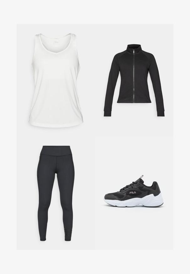 Black zip-up jacket with a high collar, long raglan sleeves, made from a smooth fabric, featuring minimal branding on the chest.; White sleeveless sports tank top with a V-neck and a small FILA logo on the inner back collar, displayed flat.; Black leggings made from stretchy material, featuring a high waistband, sleek design, and striped accent details near the ankle.; Black athletic shoe with mesh and synthetic material, featuring a white rubber sole, rounded design, and prominent logo on the side.