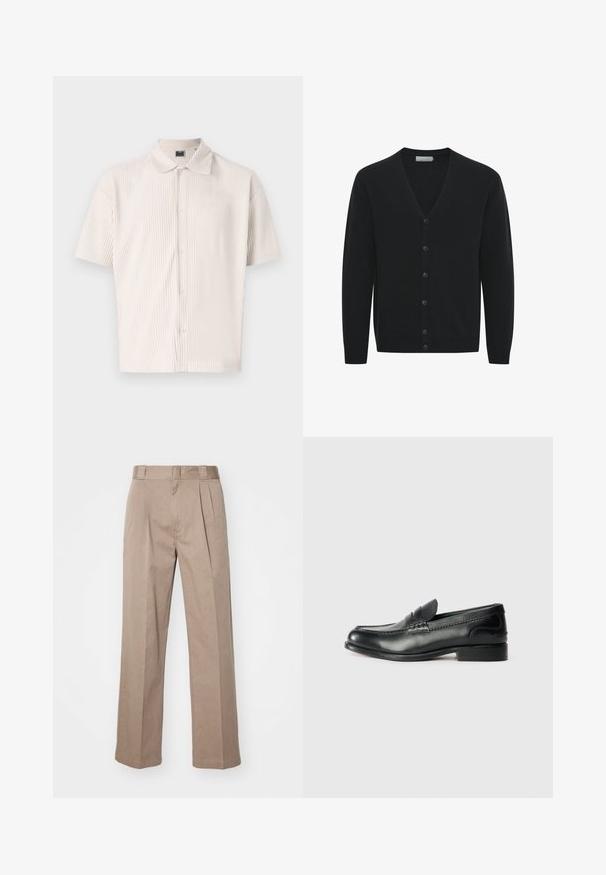Mustapooloinen neuletakki pehmeästä neuloksesta, jossa on V-pääntie, pitkät hihat ja kuusi etupainiketta. Ribatut hihat ja helma.; Lyhythihainen, vaalean beige paita, jossa on kauluspaita ja pystyraitoja. Tässä on nappisuljenta ja rento istuvuus. Pehmeä rakenne.; Beige, korkeavyötäröiset housut, joissa on leveä lahjemuotoilu. Varustettu kahdella etupuolella olevalla pujotuksella ja sileällä pinnalla. Vakio pituus puhtaalla viimeistelyllä.; Mustat nahka loafersit, joissa on sileä pinta, ommeltu yksityiskohta vampin yli ja hieman kohotettu korko.