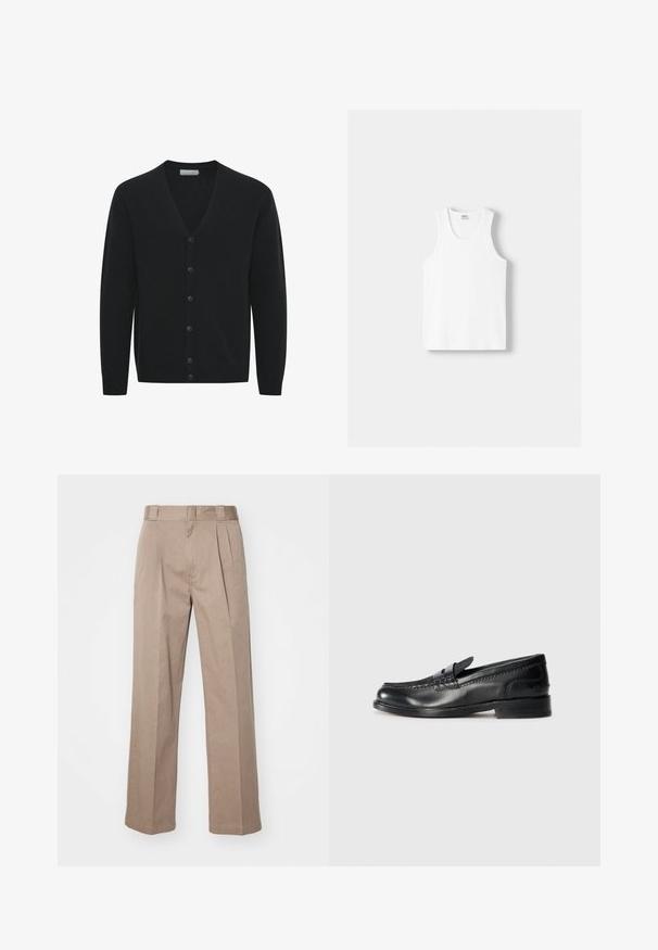 Zwarte cardigan van zachte gebreide stof, met een V-hals, lange mouwen en zes knopen aan de voorkant. Geribde manchetten en onderrand.; Witte katoenen tanktop met een ronde halslijn, brede schouderbanden en een rechte zoom, met een gladde textuur en zonder zichtbare patronen.; Beige, hoge taille broek met een wijde pijpontwerp. Bevat twee voorplooien en een soepele textuur. Standaard lengte met een nette afwerking.; Zwarte leren instapper met stikseldetails langs de bovenkant en een decoratieve band. Heeft een lage gestapelde hak en een gladde afwerking.