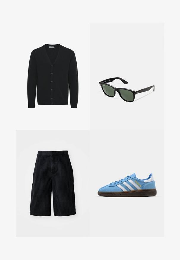 Crni kardigan od mekog pletiva, s V-izrezom, dugim rukavima i šest dugmadi sprijeda. Rebrasti manžeti i rub.; Bijela pamučna majica s kratkim rukavima, zaobljenim izrezom, opuštenog kroja, bez vidljivih logotipa ili uzoraka. Glatka tekstura i minimalni dizajn.; BDG Urban Outfitters STRIPED WORKER - Kratke hlače od trapera - black; Svijetloplave nubuk tenisice s bijelim kožnim trakama, smešim teksturiranim đonom i zlatnim logom. Dizajn niskih tenisica s zaobljenim vrhom.; Crne plastične sunčane naočale s zelenim staklima, kvadratni okviri, srebrni naglasak na obrvi i teksturirane ručke. Naziv brenda naveden na unutrašnjoj strani ručke.