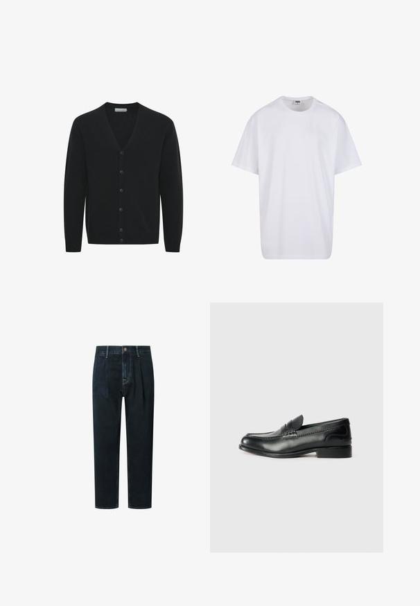 Melnā džempera jaka no mīksta dzijas auduma, ar V-veida kakla izgriezumu, garām piedurknēm un sešām priekšējām pogām. Ribota piedurkņu un apakšdaļas apdare.; Balta kokvilnas T-kreklu ar īsām piedurknēm, apaļu kakla izgriezumu, brīvu piegriezumu un bez redzamām logo vai rakstiem. Gluda tekstūra un minimālistisks dizains.; Tumši džinsu bikses ar brīvu piegriezumu, augstu jostasvietu, likumiem, priekšējo pogu aizdari un zelta kontrastējošu dūrienu.; Melnas ādas loafers ar gludu apdari, izšūtiem detaļām pa vampu un nedaudz paceltu papēdi.