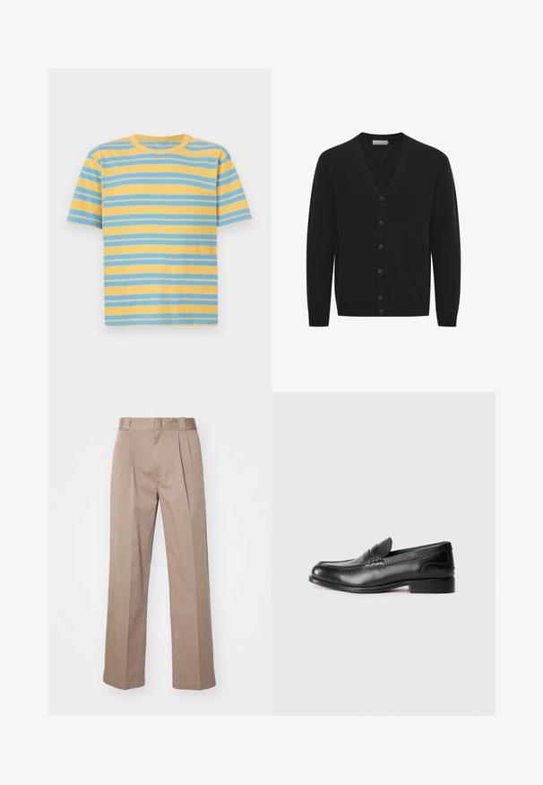 Black cardigan in soft knit fabric, featuring a V-neck, long sleeves, and six front buttons. Ribbed cuffs and hem.; Striped t-shirt in yellow and blue, made from cotton. Features a classic crew neck, short sleeves, and even horizontal stripes.; Beige, high-waisted trousers with a wide-leg design. Features two front pleats and a smooth texture. Standard length with a clean finish.; Black leather loafers featuring a smooth finish, stitched detailing across the vamp, and a slightly raised heel.