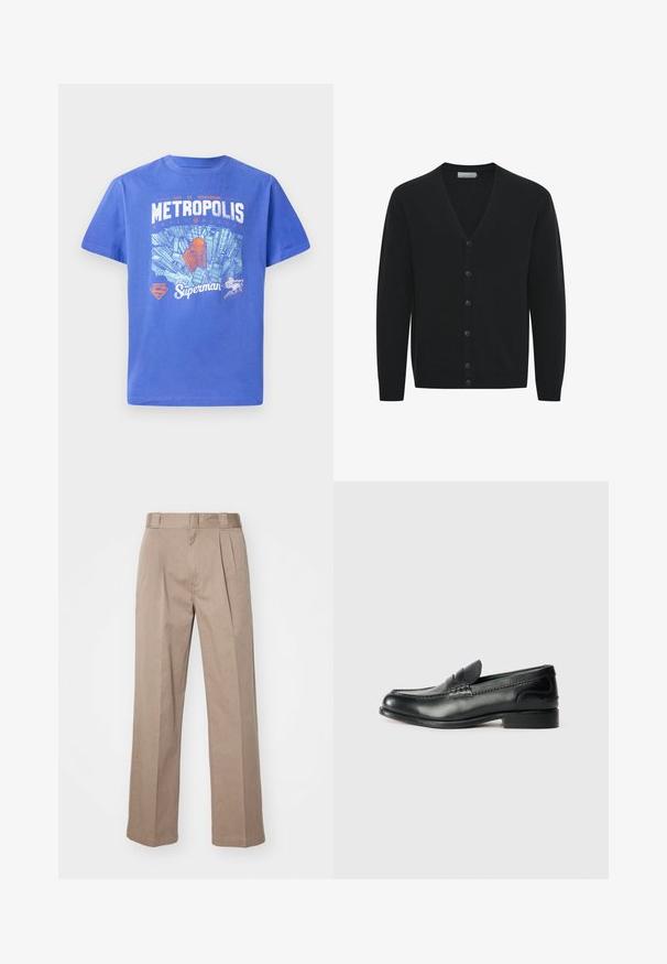 Juodas kardiganas iš minkštos megztinės medžiagos, su V formos iškirpte, ilgomis rankovėmis ir šešiais priekiniais mygtukais. Raštuotos rankogaliai ir apačia.; Mėlyna medvilninė marškinė su trumpomis rankovėmis. Pasižymi Metropolijos horizonto ir Supermeno logotipo grafiką balta ir oranžine spalvomis. Round neck dizainas.; Bežiniai, aukštu liemeniu kelnių modeliai su plačiomis kojomis. Juose yra dvi priekinės raukšlės ir lygi tekstūra. Standartinio ilgio su švariu apdailu.; Juodos odinės loafer tipo bateliai su lygiu paviršiumi, siuvinėjimu per priekį ir šiek tiek pakelta pakulne.