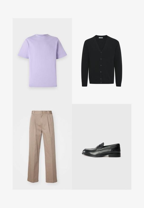 Cardigan nero in morbido tessuto lavorato a maglia, con scollatura a V, maniche lunghe e sei bottoni frontali. Polsini e orlo a costine.; T-shirt in cotone lavanda con maniche corte, collo rotondo e vestibilità ampia. Texture liscia, senza motivi né decorazioni.; Pantaloni beige a vita alta con un design a gamba larga. Presentano due pieghe frontali e una texture liscia. Lunghezza standard con una finitura pulita.; Mocassini in pelle nera con finitura liscia, dettagli cuciti sulla parte superiore e tacco leggermente rialzato.