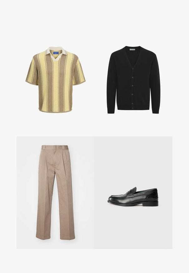 Schwarzer Cardigan aus weichem Strickmaterial, mit V-Ausschnitt, langen Ärmeln und sechs Knöpfen auf der Vorderseite. Rippbündchen an den Ärmeln und am Saum.; Kurzärmliges Strickpolo in Beigetönen mit creme- und gelben Streifen. V-Ausschnitt-Design mit kontrastierendem Kragen und strukturiertem Stoff.; Beige, hoch taillierte Hosen mit weit geschnittenem Design. Verfügbar mit zwei Vorderfalten und einer glatten Textur. Standardlänge mit einem sauberen Finish.; Schwarze Lederloafers mit glatter Oberfläche, gesteppten Details über dem Vorderblatt und einem leicht erhöhten Absatz.