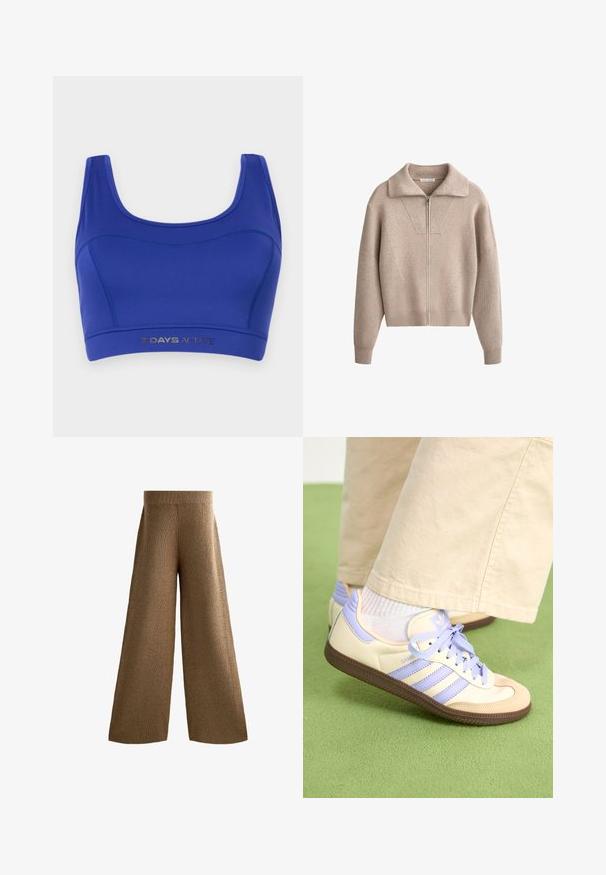 Beige breigoed cardigan met een rits aan de voorkant, oversized kraag, geribbelde accenten en een comfortabele pasvorm. Het gestructureerde stof benadrukt de zachtheid.; Blauwe sportbh gemaakt van rekbaar materiaal. Heeft een ronde halslijn, brede banden en een lagere elastische band met "7 DAYS ACTIVE" in zilver gedrukt.; Bruine wijde gebreide broeken met een geribde tailleband, textuurstof en zijnaden die tot de zoom doorlopen, wat zorgt voor een ontspannen pasvorm.; Crème- en lavendel-sneakers met drie strepen en een gestructureerde bruine zool, voorzien van veters en een gewatteerde hiel. Zachte stoffen bovenkant.