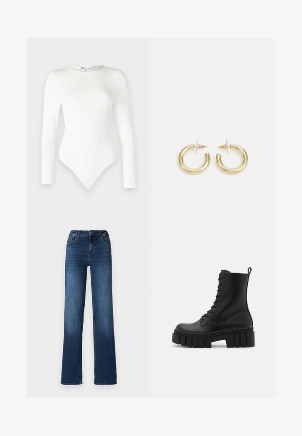 Bees värvi kardigan v-kaela, pikad varrukad ja kolm dekoratiivset nuppu leopardimustriga. Pehme kudumitekstuur kogu ulatuses.; ONLY Petite ONLLONE BODYSTOCKING - Pikkade varrukatega topp - cloud dancer; Tumedat sinised-denim teksad sirge sääre disainiga, keskmise kõrgusega vöökoht ja kerge bleež kummutis. Omab viit taskut ja nööbitavat sulgemist.; Must mustaanklid mustast nahast, paksu ja soonilise tallaga, sidumisena esiotsaga ja tõmbevahega, suvalisel valgel taustal.; Kuldne rõngassõrmused sileda ja läikiva viimistlusega. Ringikujuline disain, millel on väike post ja selge tagumine külg, et tagada kindel kandmine.