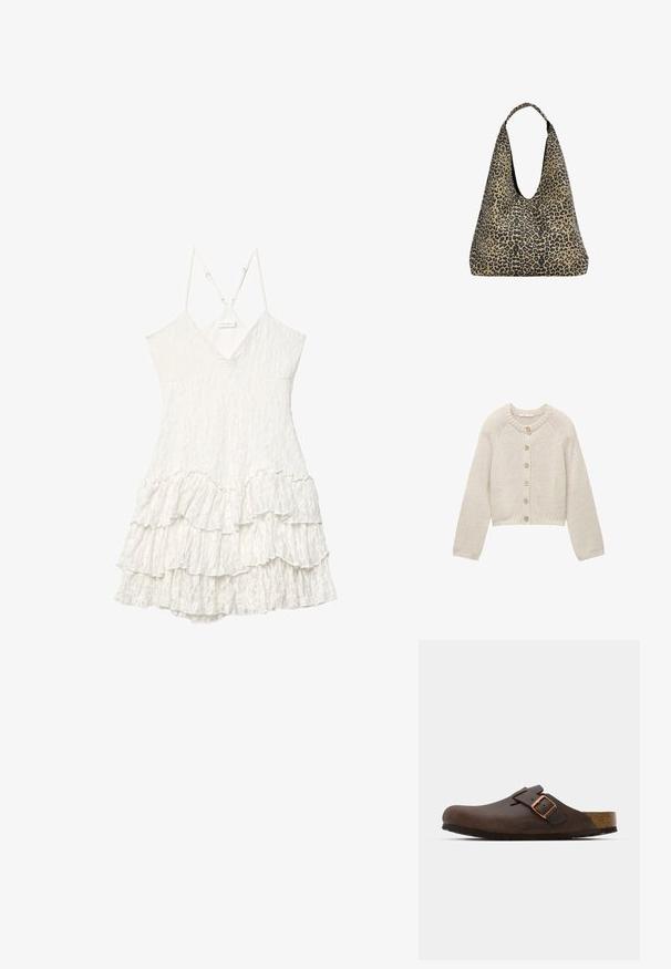 Cardigan lavorato a maglia beige con maniche lunghe e cinque bottoni in legno sulla parte anteriore, con scollatura rotonda e polsini e orlo a coste.; Abito bianco senza maniche in pizzo con scollatura a V, spalline sottili regolabili e dettagli in volant a strati nella gonna.; Zoccolo in pelle marrone con una fascia ampia e una fibbia in rame, caratterizzato da una soletta in sughero testurizzata e una suola in gomma nera spessa.; PULL&BEAR Shopping bag - mottled dark brown