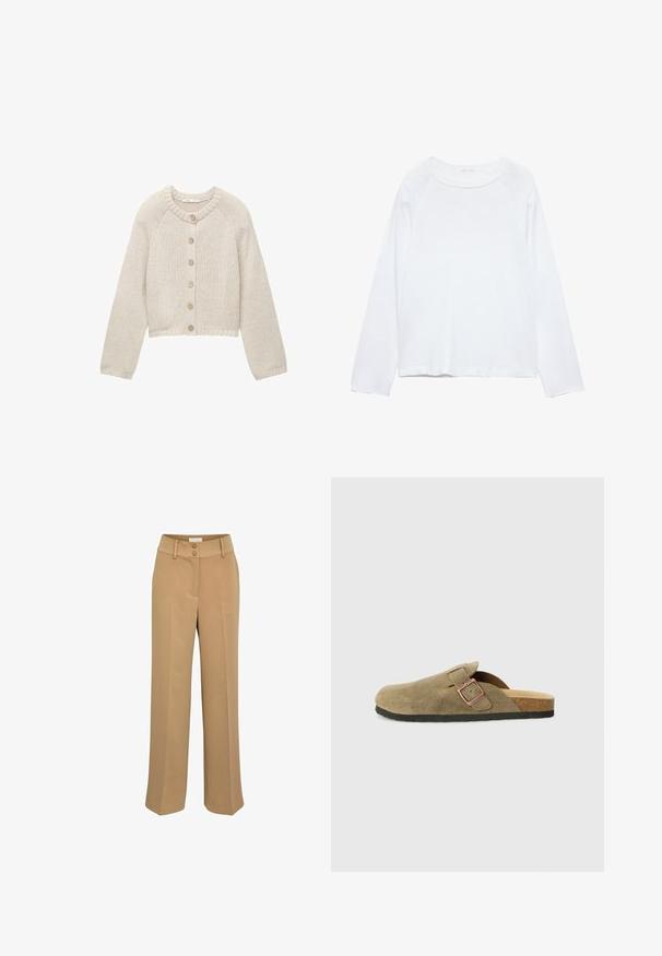 Béžový pletený cardigan s dlouhými rukávy a pěti dřevěnými knoflíky vpředu, s kulatým výstřihem a žebrovanými manžetami a lemem.; Bílý dlouhý rukáv top s kulatým výstřihem, vyrobený z lehké látky. Obsahuje raglánové rukávy a volný střih. Hladká textura, bez vzorů.; Hnědé široké kalhoty s hladkým povrchem, které mají dvojité zapínání a boční kapsy. Hladký přední díl s přehnutím.; Semišová pantofle ve stylu dřeváků v olivově zelené barvě s úzkým páskem a kovovou přezkou. Má korkovou stélku a černou gumovou podrážku.