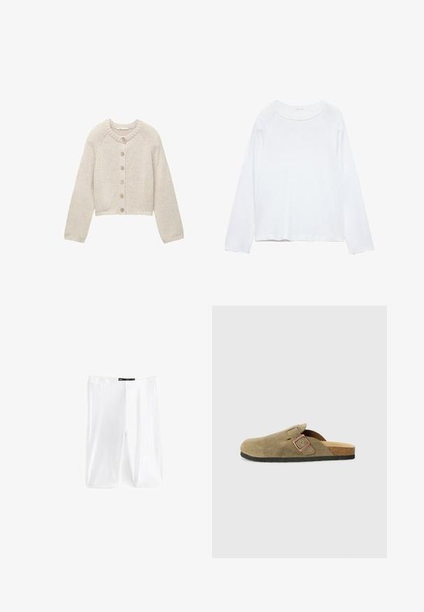 Cardigan en tricot beige avec des manches longues et cinq boutons en bois sur le devant, avec un col rond et des poignets et un ourlet côtelés.; Haut blanc à manches longues avec un col rond, en tissu léger. Dispose de manches raglan et d'une coupe décontractée. Texture lisse, sans motifs.; Leggings blancs en tissu extensible, dotés d'une taille élastique et d'une texture lisse. Pas de motifs ni de détails supplémentaires visibles.; Mule en daim vert olive de style sabot avec une lanière étroite et un détail boucle en métal. Dispose d'une semelle intérieure en liège et d'une semelle extérieure en caoutchouc noire.